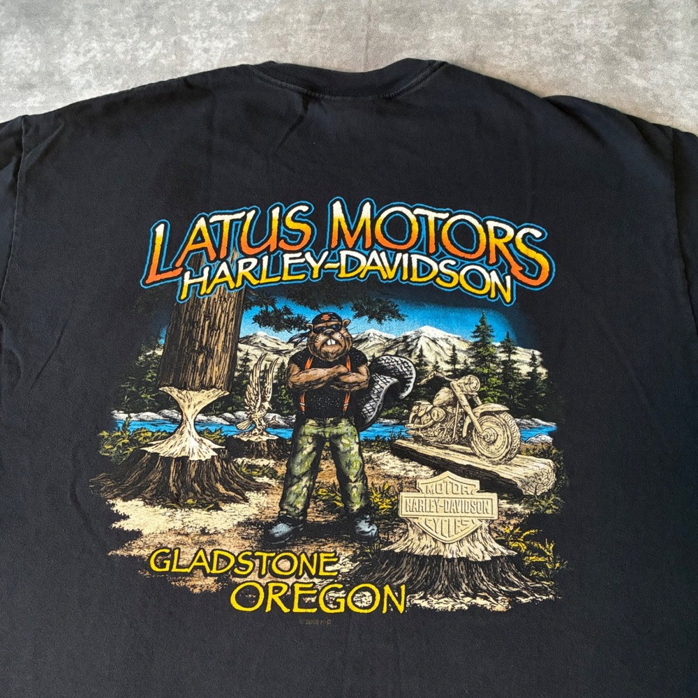 Vintage Harley-Davidson Latus Motors Oregon Beaver Graphic T-Shirt Black XL USA